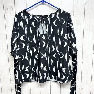 Clothes Blouse Women Size L Feathered‎ Long Sleeve Keyhole Business Casual Black